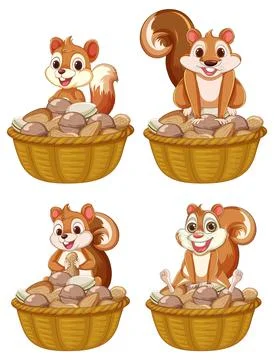 Happy Squirrels with Nut Baskets Illustrazione stock