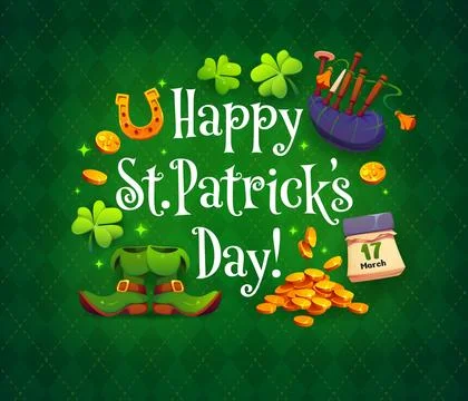 Happy St Patrick day greeting card with gold coins Stock Illustration