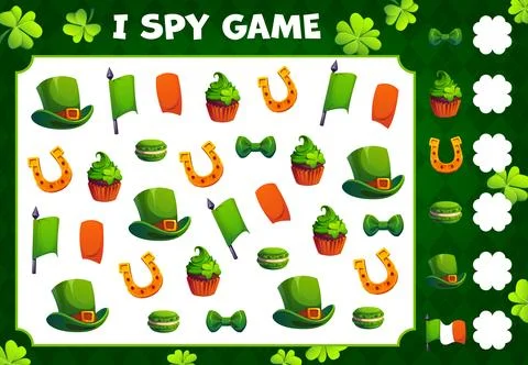 Happy St Patrick Day I spy game vector worksheet Stock Illustration