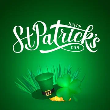 Happy St. Patrick s day calligraphy hand lettering, hat, clover and golden co Stock Illustration