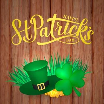 Happy St. Patrick s day calligraphy hand lettering, Leprechaun s hat, pot of  Stock Illustration