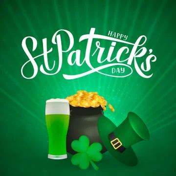 Happy St. Patrick s day calligraphy hand lettering, Leprechaun s hat, clover  Stock Illustration