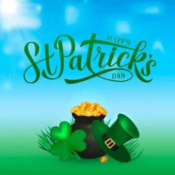 Happy St. Patrick s day calligraphy hand lettering, Leprechaun s hat, clover  Stock Illustration