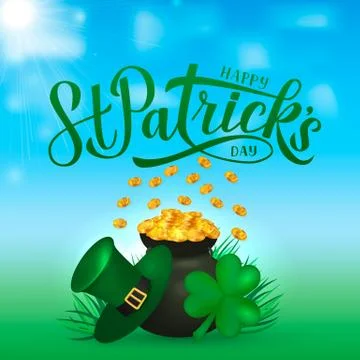 Happy St. Patrick s day calligraphy lettering, Leprechaun s hat, clover leaf  Stock Illustration