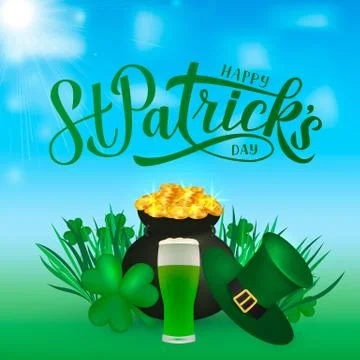Happy St. Patrick s day calligraphy hand lettering, Leprechaun s hat, pot of  Stock Illustration