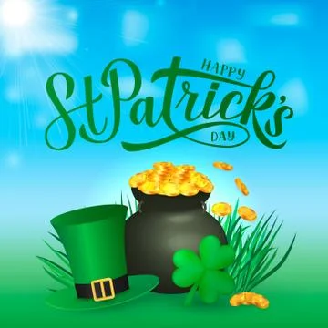 Happy St. Patrick s day calligraphy hand lettering, Leprechaun s hat, clover  Stock Illustration