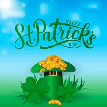 Happy St. Patrick s day calligraphy hand lettering, Leprechaun s hat, clover  Stock Illustration