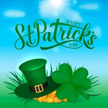 Happy St. Patrick s day calligraphy hand lettering, Leprechaun s hat, clover  Stock Illustration