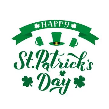 Happy St. Patrick s day calligraphy hand lettering with Leprechaun s hat, mug Stock Illustration