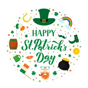 Happy St. Patrick s day lettering with traditional Irish symbols green hat, l Stock Illustration