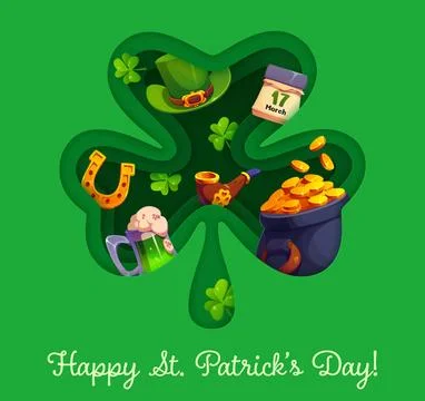 Happy St Patrick s day paper cut card with clover Stock Illustration