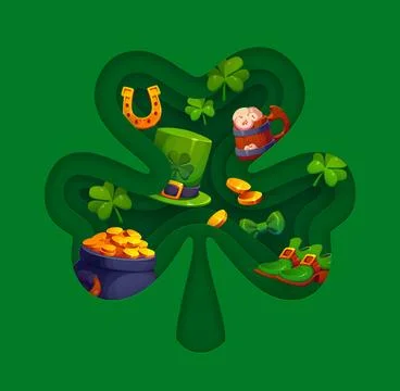 Happy St Patrick shamrock clover shape paper cut Stock Illustration