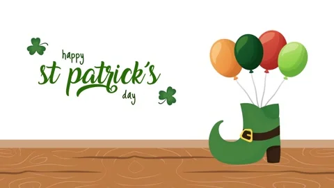 Happy St Patricks Day animation with leprechaun boot and colorful balloons .. Stock Footage 338314219