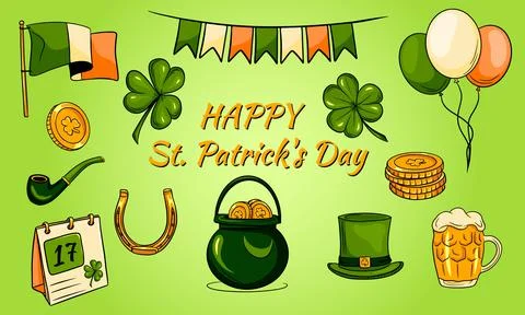 Happy St. Patrick's Day background with Irish icons and symbols of the holida Stock Illustration