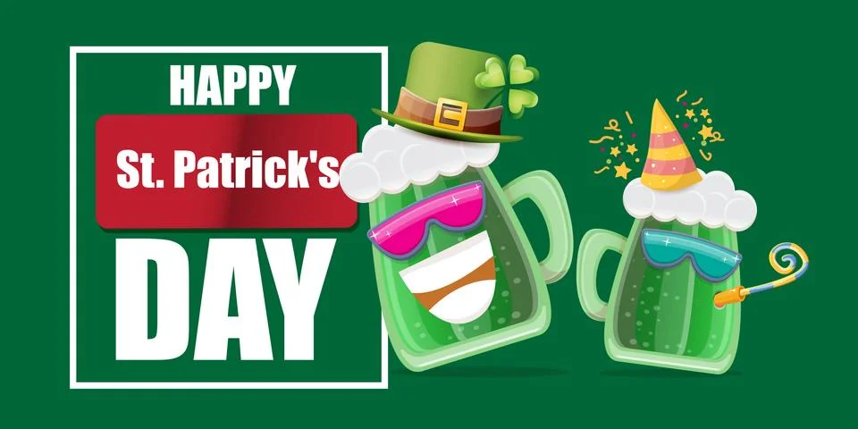 Happy st. Patricks day horizontal banner with cartoon funny beer glass friends Stock Illustration