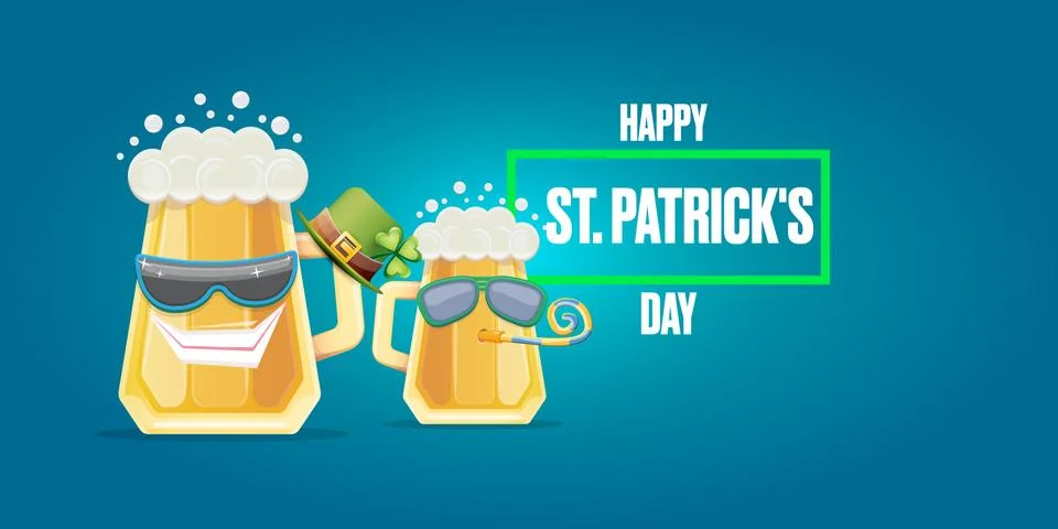 Happy st. Patricks day horizontal banner with cartoon funny beer glass friends Stock Illustration