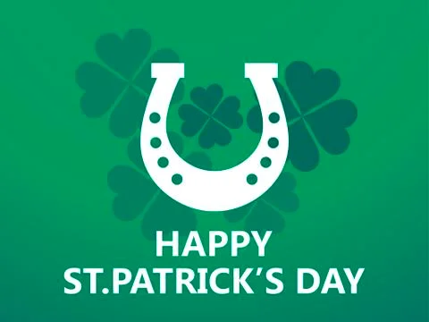 Happy St. Patrick's Day. Leaf clover and horseshoe on green background. Vecto Illustrazione stock