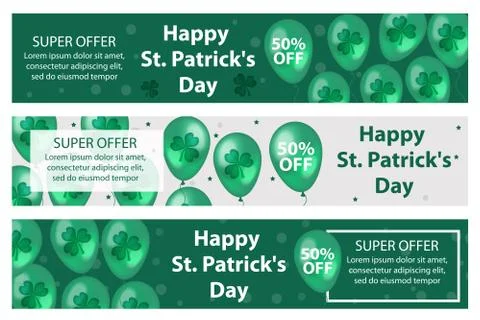 Happy St. Patrick's Day set of horizontal banners with balloons, clover Stock Illustration