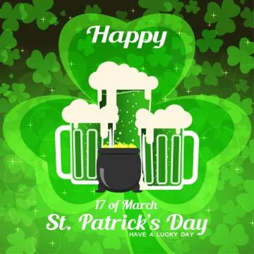 Happy St. Patrick's Day vector poster on the gradient dark green background.. Stock Illustration