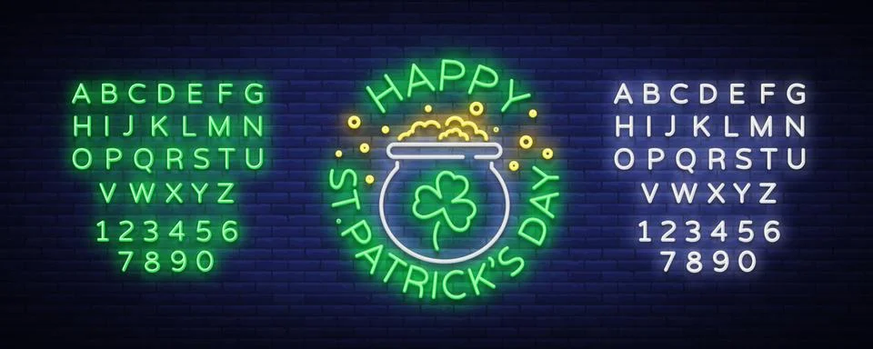 Happy St. Patrick's Day Vector Illustration in Neon Style. Neon sign, greeting Stock Illustration