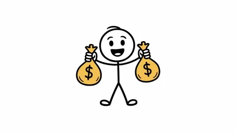 Happy Stick Figure Holding Two Bags of Money Stock Footage 337764858