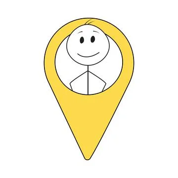 A happy stick figure man inside a yellow map pin pointer icon Stock Illustration