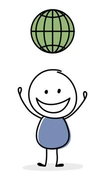 Happy stickman with globe - internet web symbol. Vector Stock Illustration