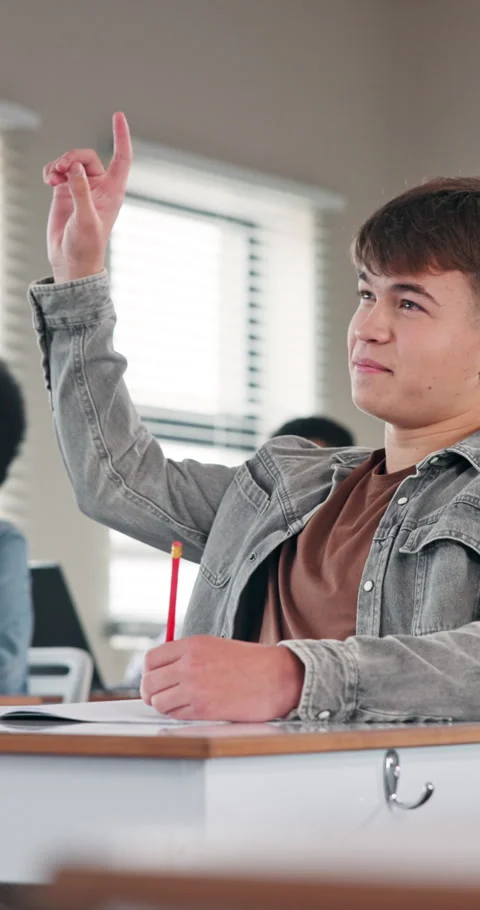 Happy, student and boy with hands raised in classroom for learning, education or Stock Footage 340947043