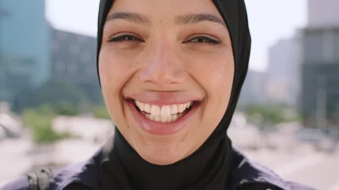 Happy, student and face of muslim woman in city with confidence for religious Stock Footage 336646545