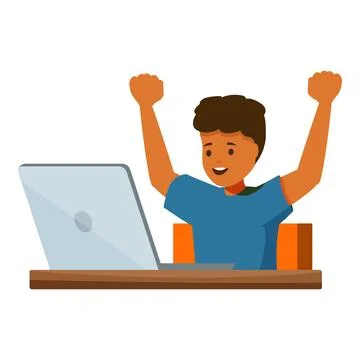 Happy student celebrating success while using laptop, raising arms in excit.. 스톡 일러스트