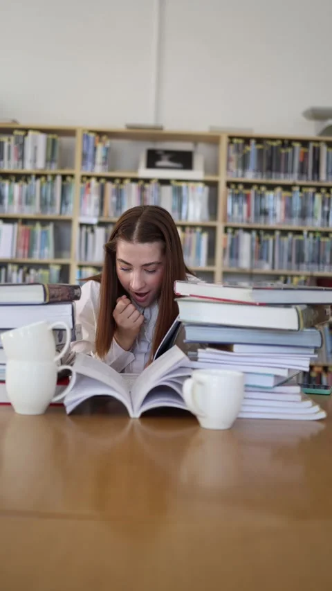 Happy student finds helpful information while studying for exams in library Vídeo Stock 342178575