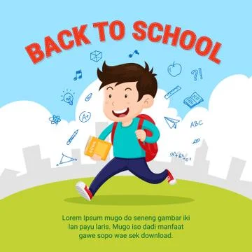 Happy student go to school. Back to school flat style illustration with schoo Stock Illustration