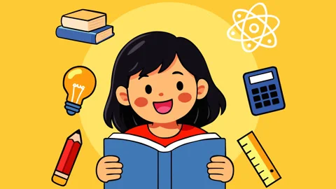 Happy Student Reading Book with Learning Icons and Creative Ideas Stock Footage 331834891