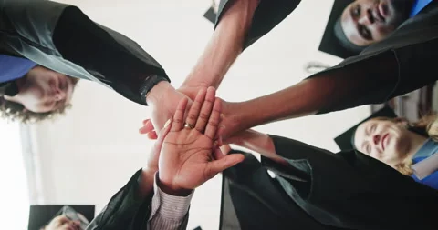 Happy, students and hand stack for graduation ceremony, degree completion or Stock Footage 346445486