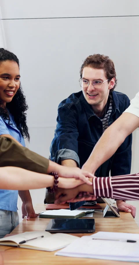 Happy, students and hand stack for education, good news and study success for Stock Footage 346876396