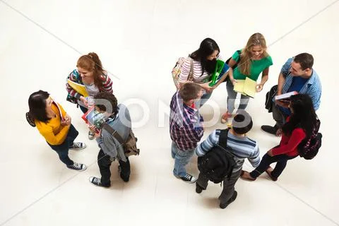 Happy students chatting together in a hall Stock Photos