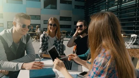 Happy Students before Modern Building Stock Footage 80703407