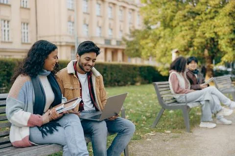 Happy students sitting on bench, looking at laptop and discussing their project Foto stock