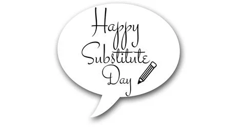 Happy substitute day text and pencil drawing in speech bubble against white Stock Illustration