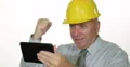 Happy Successful Engineer Man Working Digital Tablet Good News Smiling Portrait 4k or 4k+ Resolution
