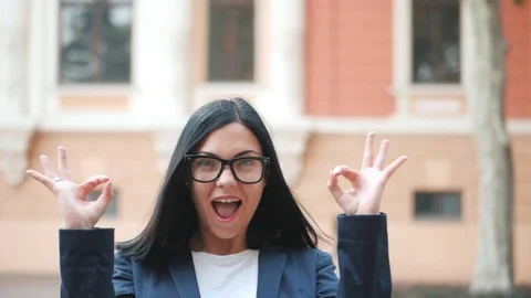 Happy Successful Pretty Woman Look Camera Hand Gestures Ok Sign Office Building Stock Footage