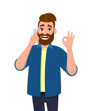 Happy successful young man talking on the mobile/cell phone and gesturing OK. Stock Illustration