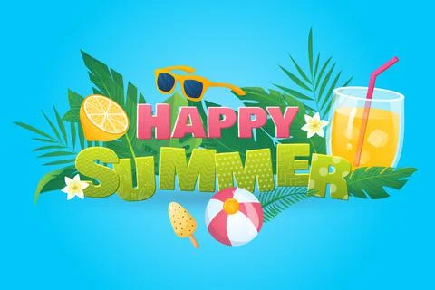 Happy summer background in flat cartoon design. Wallpaper with text and Stock-Illustration