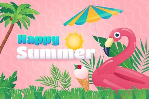 Happy summer background in flat cartoon design. Wallpaper with text and Stock-Illustration