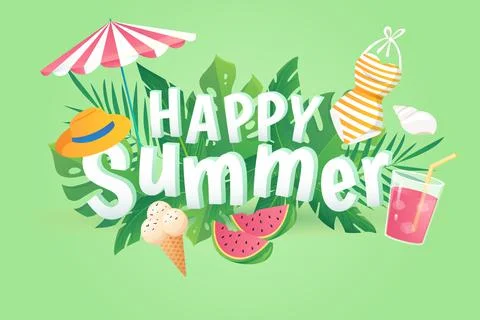Happy summer background in flat cartoon design. Wallpaper with text and Ilustração Stock