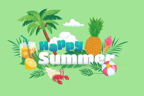 Happy summer background in flat cartoon design. Wallpaper with text and 스톡 일러스트