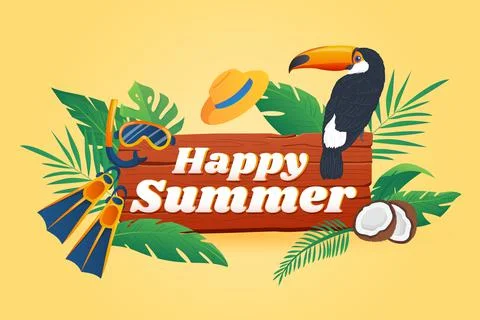 Happy summer background in flat cartoon design. Wallpaper with text and Ilustración de archivo