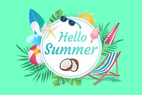 Happy summer background in flat cartoon design. Wallpaper with text and Stock Illustration