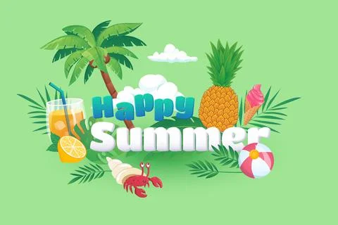 Happy summer background in flat cartoon design. Wallpaper with text and 스톡 일러스트