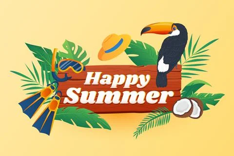 Happy summer background in flat cartoon design. Wallpaper with text and 스톡 일러스트